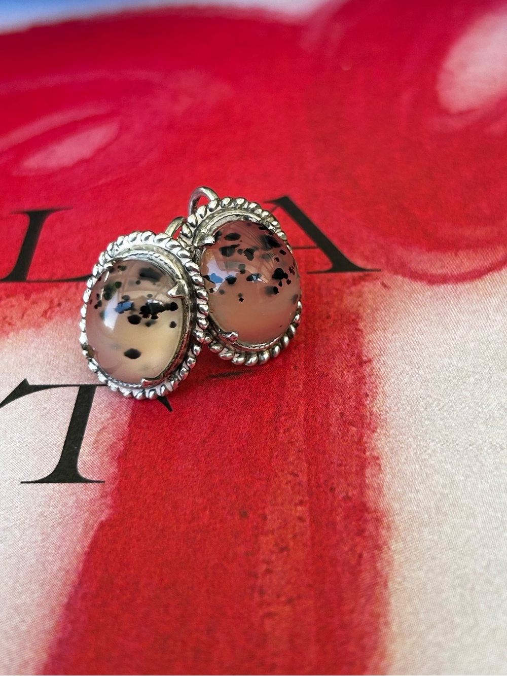 Dalmatian Jasper Sterling Silver Stamped Oval Drop Earrings Screwbacks